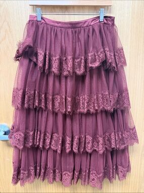 Rachel Parcell Burgundy Tiered Lace Tulle Midi Skirt Size Medium Romantic